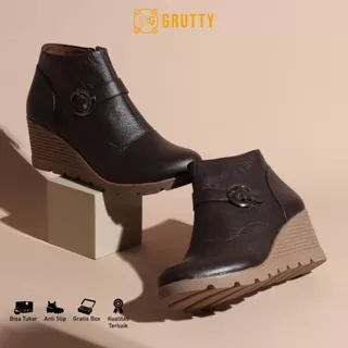 sepatu boots wanita hak tebal ankle wedges terbaru kulit asli Grutty IN151 Coklat