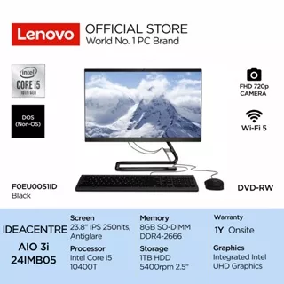 Lenovo PC IdeaCentre AIO 3i 24IMB05 S1ID Intel Core i5 10400T DOS 8GB 1TB HDD 5400rpm 23.8 FHD IPS Integrated DVD 720p Camera WiFi5 Desktop All-in-One 24inch F0EU00S1ID Business Black Wired Keyboard Mouse Garansi Resmi 1 Tahun Onsite