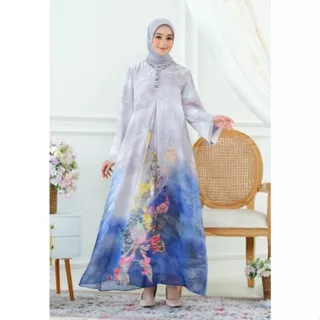 Baju Gamis Wanita Bahan Sifon Premium Abu-abu - Mosleem Long Dress Flowy Cut Print Grey With Detail Payet By Brilliant Girl