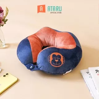 Ataru Bantal Leher Embroidery Monkey - Biru Navy/Cokelat Neck Cushion Travel Bantal Mobil U-Neck Car Pillow Sandaran Leher