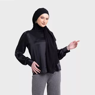 Famo Kemeja Blus Lengan Panjang Wanita Polyester Spandex Basic Shirt Formal to Casual Blouse Polos Hitam 040123