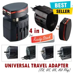 Universal Travel Adapter 4 in 1 EU UK USA Plug with 1A USB Port Portable Colokan Listrik International Power Plugs Travelling Jalan-Jalan ke Luar Negeri Internasional Multi Konversi Head Charging Kepala Charger Portabel All in One s8106 - Black