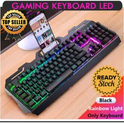 Gaming Keyboard LED Leopard G700 dengan Smartphone Holder Hp RGB Backlight  Lampu Warna Warni Keren Key Board Kibor Kibord PC USB Kibot Laptop Keybord Komputer Leptop Geming Computer Gamers Gamer Bagus Murah Terbaru Asli Ori - Black