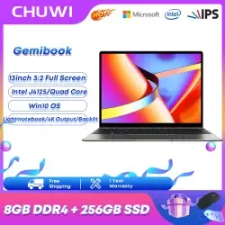 CHUWI Resmi GemiBook Laptop Ultra Tipis dan Ringan 13 inci Layar IPS 2K RAM 8G SSD 256GBIntel Celeron J4125 Quad Core 2.5Ghz Full Metal Home and Business PC Backlit Keyboard, PD Fast-Charging pembelajaran online