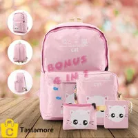 Tas Ransel Perempuan/Tas Sekolah Gambar Kucing Warna Pink 4in1