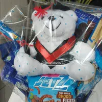 Paket bouquet snack wisuda biru + boneka teddy bear