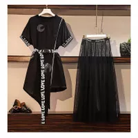 midi dress 2pcs kaos long tutu skirt casual korea style import