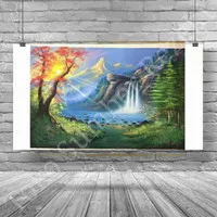 Poster Pemandangan Gunung Sungai Pohon Air Terjun Terbit Laut 28×20