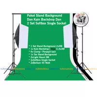 Paket Studio Foto Stand Background + Kain Backdrop + 2 Set Softbox - Hijau