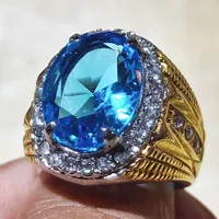 Cincin Titanium Batu Akik Permata Blue Topaz Topas Swiss Cutting Oval