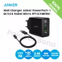 Wall Charger Anker PowerPort+ 1 QC 3.0 & Kabel Micro 3Ft Black - B2013 - Hitam