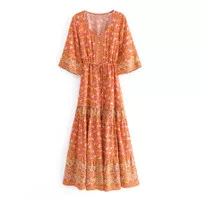 Long Dress Wanita Import Orange Summer Flowers - M