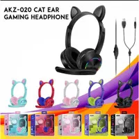 Headset Gaming LED Telinga Kucing model AKZ-020 with mic - Abu-abu