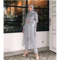stelan baju celana kondangan pesta set kebaya brokat wanita modis 2021 - Abu-abu