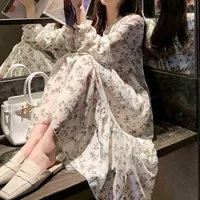 Midi Dress Soft Liliane Floral Ruffly Flowy White Korean Style OSY