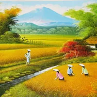 Lukisan Panen Padi dengan Pemandangan Gunung dan Sungai