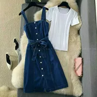 Jefi Baju Overall Gaun Mini Midi Dress jeans denim Wanita import korea