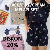 Piyama Rayon Wanita, BLACK/PINK/CREAM MELATI SET, Celana Pndk + Pnjng