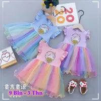 Import Unicorn Dress anak Perempuan Gaun Pesta Dress Tutu Rainbow - Pink+Bando, 100CM