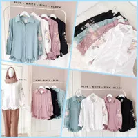 baju atasan wanita terbaru korea | Flori shirt | kemeja blouse bordir - White, M