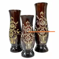 vas bunga kayu jati solid handmade motif bunga 1 set 3 vas
