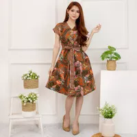 Baju Batik Mini Dress Wanita modern Ikat Gaun Terusan Minidress motif - Kuning, Standart S to L