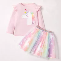 DRESS IMPORT ANAK UNICORN PARTY BAJU LENGAN PANJANG ROK TUTU PELANGI