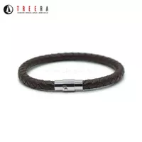 Gelang Kulit Pria Anyam Coklat 1 Layer Magnet Premium