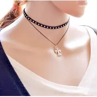 Kalung Choker Korea Hitam Tali Leher Fashion Salib Hara