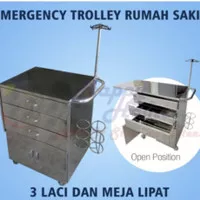 Emergency Trolley Stainless Steel dengan Meja Lipat untuk Rumah Sakit