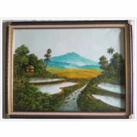 Lukisan Pemandangan Gunung Sawah Komplit Bingkai 60 x 80 cm
