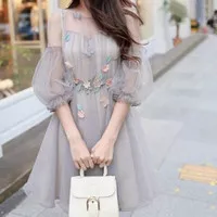 Premium Midi Dress Floral Elegant Lace Pastel Grey Wedding Party BS