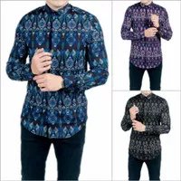 Kemeja Batik Songket Pria Slim Fit Panjang Biru, Ungu, Hitam