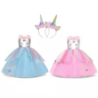 Pink Unicorn Dress / Unicorn Party dress / GRATIS Bando / Best Seller! - 2-3 tahun, Biru Muda