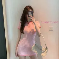 Mini Dress Collar Button Pattern Baby Pink Casual Knit Golf Look NNK