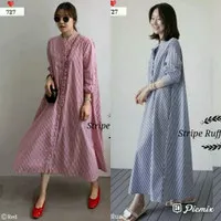 es Longdress727 Stripe ruffle maxi biru keabuan Merah Salur Long Dress