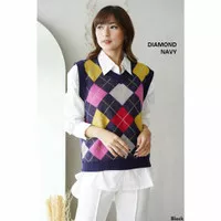 Diamond Knit Vest Sweater Outer Wanita Rajut Tanpa Lengan