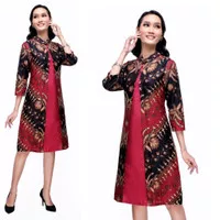 Dahlia Merah - JUMBO 4L & 5L Dress Batik Wanita Lengan 3/4