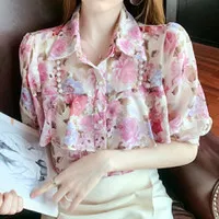 Atasan Blouse Pearl Ruffle Flowy Floral Spring Top Wanita Classy CS