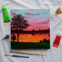 Lukisan Kanvas Pemandangan Senja Danau Aesthetic Ukuran 30x30 cm
