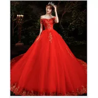 Gaun Pengantin 2205006 Merah Sabrina Ekor Wedding Dress