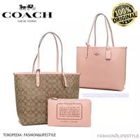 TAS C City Reversible Tote Bag Signature Canvas Khaki Pink ORIGINAL