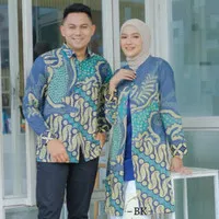 Baju Batik Couple Modern Lengan Panjang Katun Motif Seno Biru Muda