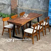 Set meja makan trembesi suar meja cafe kayu solid 6 kursi