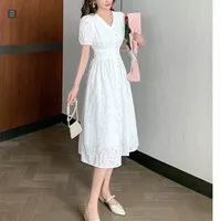 Midi Dress White Elegant Soft Korean Style Vintage Classic Import TNF