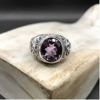 cincin perak bali permata kecubung amethyst motif kembang ukiran bali