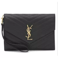 YSL Saint Laurent Monogram Leather Clutch Black GHW (21 x 15 x 3)