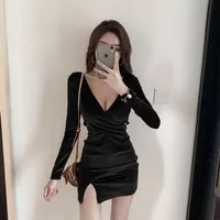 Korean Velvet Mini Dress Wanita Bludru V Neck Lengan Panjang 2520 S-XL