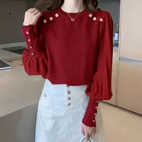 Atasan Blouse Knit Maroon Red Pearly Fitted Sleeve Casual Top CNS