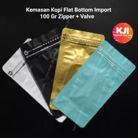 Kemasan Kopi Flat Bottom Import 100 g zipper valve.standing pouch gold